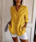 Summer V Neck Casual Cotton Linen Button Shirt Women Fashion Loose Solid Lapel Cotton Office Linen Shirt Women Top Retro 2024